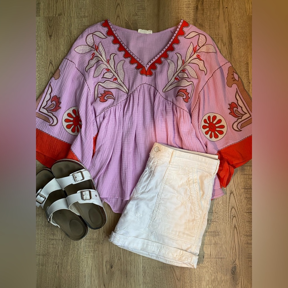 New Easel Embroidery Detailing Cotton Gauze Babydoll Woven Top - Picture 4 of 7